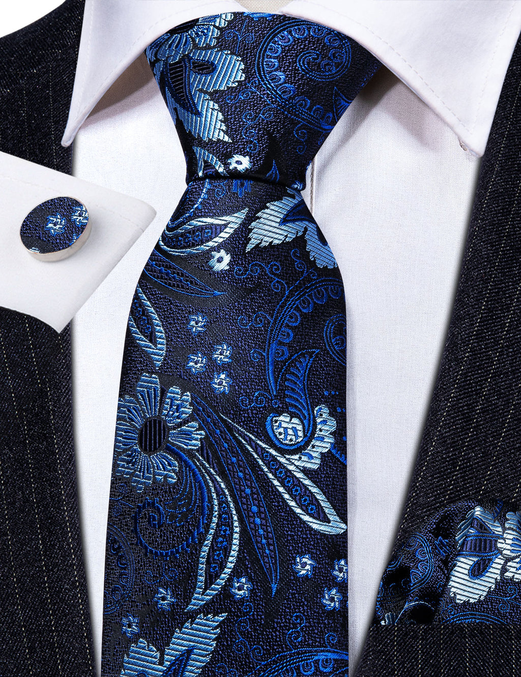 Navy Blue Flower Silk Tie, Pocket Square and Cufflinks Set tie sets    - Sophisticated Gentlemen