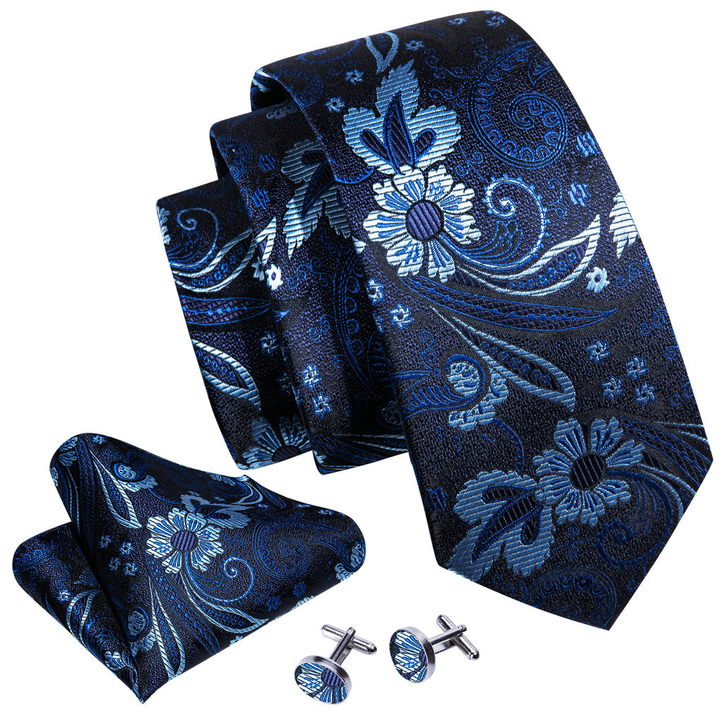 Navy Blue Flower Silk Tie, Pocket Square and Cufflinks Set tie sets    - Sophisticated Gentlemen