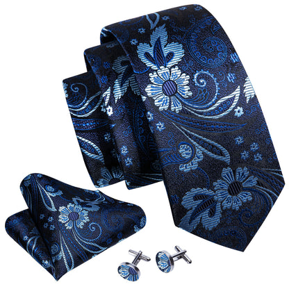 Navy Blue Flower Silk Tie, Pocket Square and Cufflinks Set tie sets    - Sophisticated Gentlemen