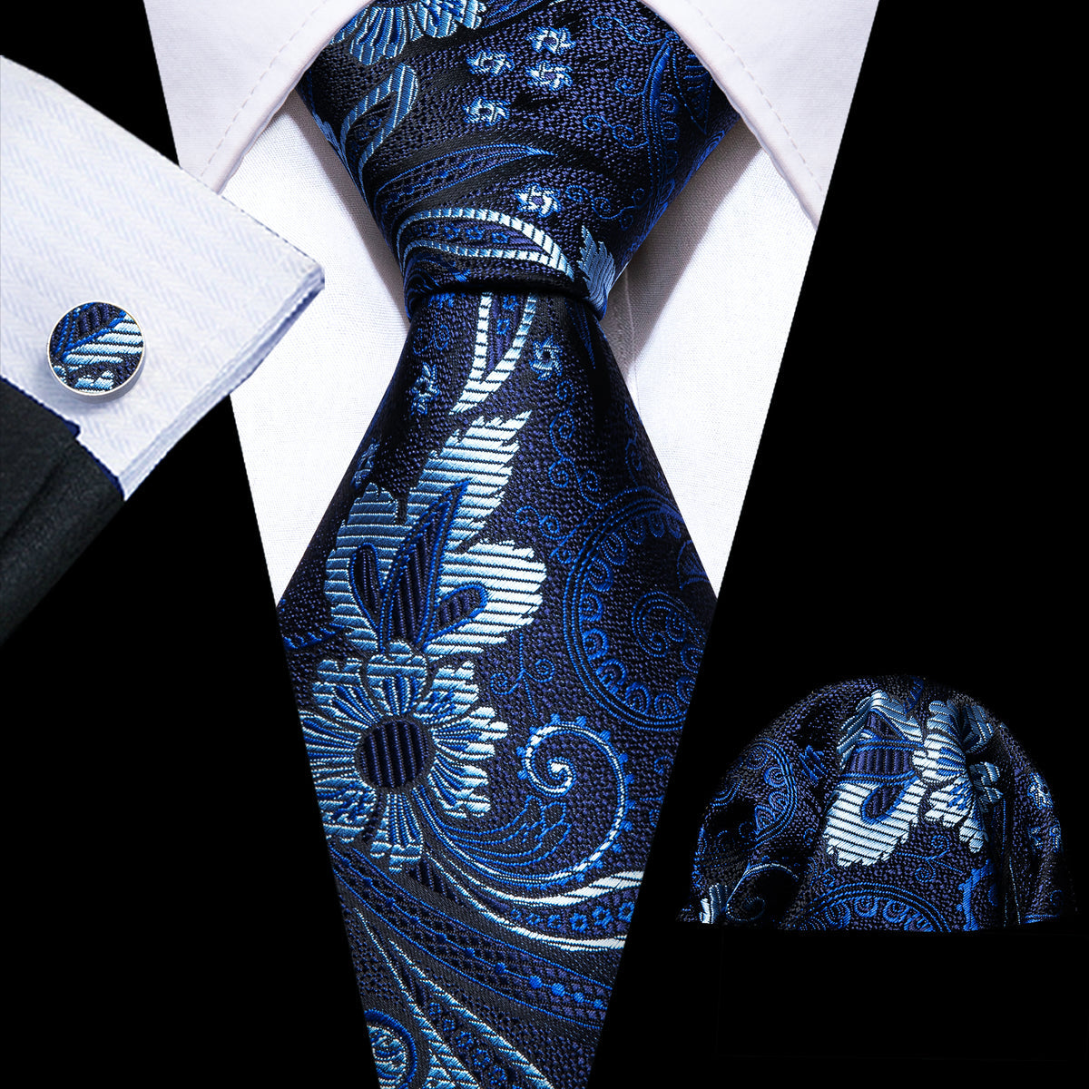 Navy Blue Flower Silk Tie, Pocket Square and Cufflinks Set tie sets    - Sophisticated Gentlemen
