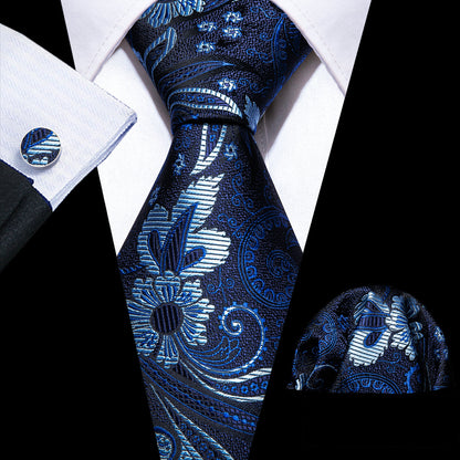 Navy Blue Flower Silk Tie, Pocket Square and Cufflinks Set tie sets    - Sophisticated Gentlemen