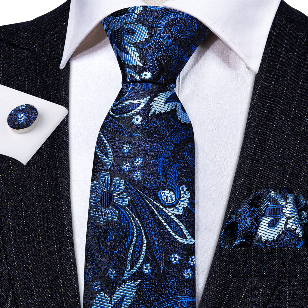 Navy Blue Flower Silk Tie, Pocket Square and Cufflinks Set tie sets    - Sophisticated Gentlemen