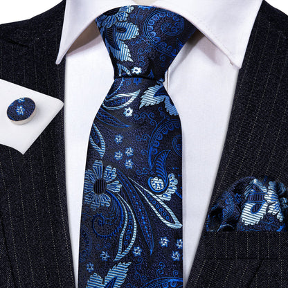 Navy Blue Flower Silk Tie, Pocket Square and Cufflinks Set tie sets    - Sophisticated Gentlemen