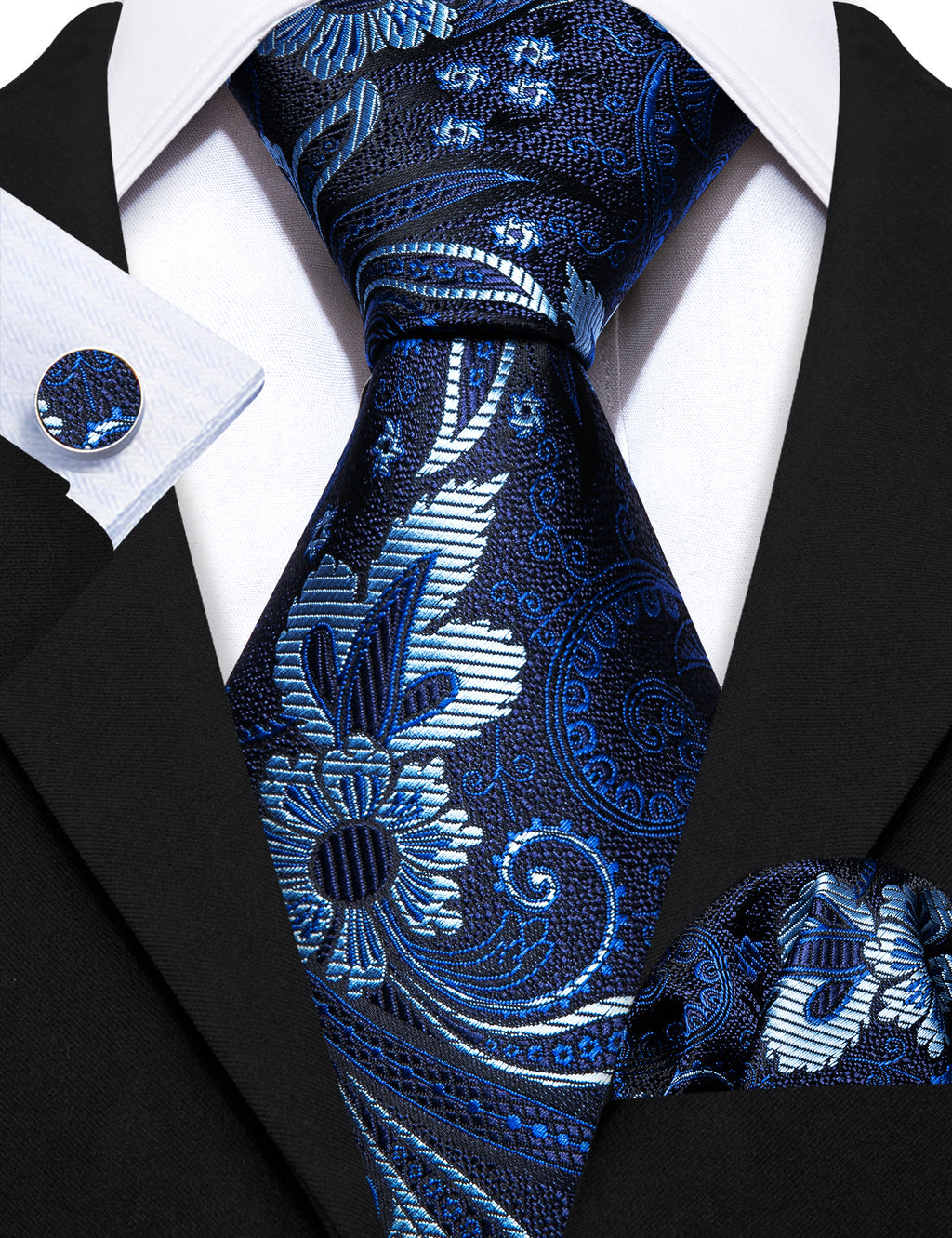 Navy Blue Flower Silk Tie, Pocket Square and Cufflinks Set tie sets    - Sophisticated Gentlemen