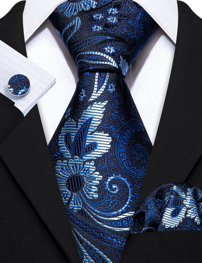 Navy Blue Flower Silk Tie, Pocket Square and Cufflinks Set tie sets    - Sophisticated Gentlemen