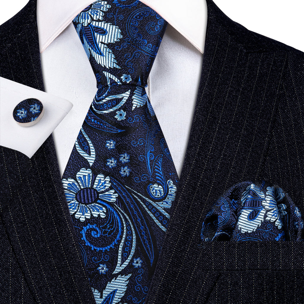 Navy Blue Flower Silk Tie, Pocket Square and Cufflinks Set tie sets    - Sophisticated Gentlemen