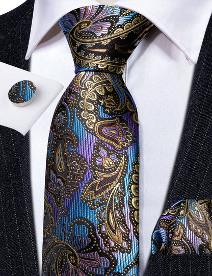 Colorful Novelty Paisley Silk Tie, Pocket Square and Cufflinks Set tie sets    - Sophisticated Gentlemen