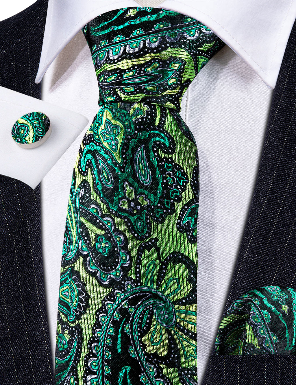 Green Paisley Silk Tie, Pocket Square and Cufflinks Set tie sets    - Sophisticated Gentlemen
