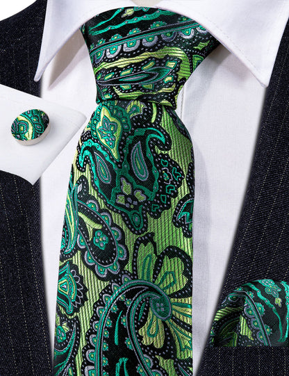 Green Paisley Silk Tie, Pocket Square and Cufflinks Set tie sets    - Sophisticated Gentlemen