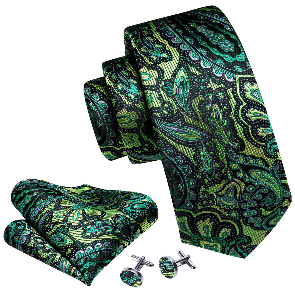 Green Paisley Silk Tie, Pocket Square and Cufflinks Set tie sets    - Sophisticated Gentlemen
