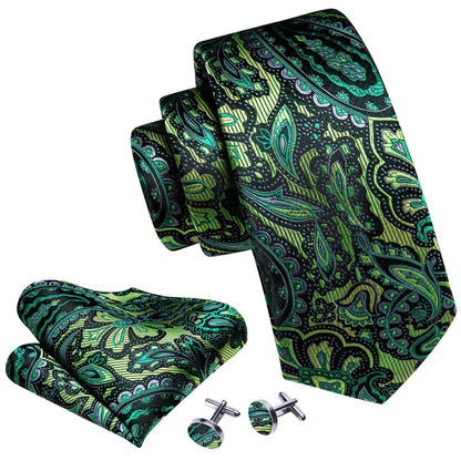 Green Paisley Silk Tie, Pocket Square and Cufflinks Set tie sets    - Sophisticated Gentlemen