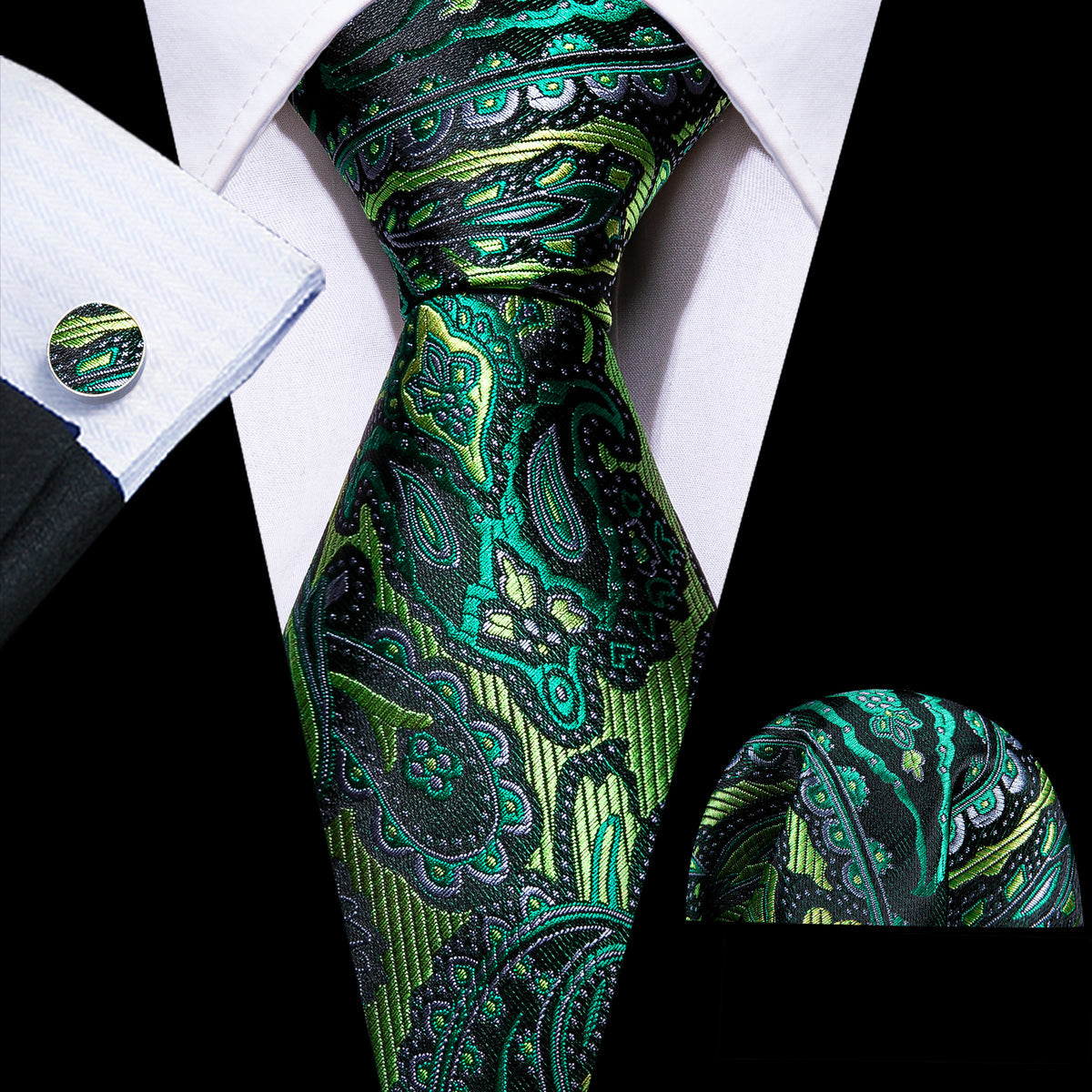 Green Paisley Silk Tie, Pocket Square and Cufflinks Set tie sets    - Sophisticated Gentlemen