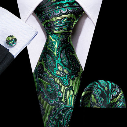 Green Paisley Silk Tie, Pocket Square and Cufflinks Set tie sets    - Sophisticated Gentlemen