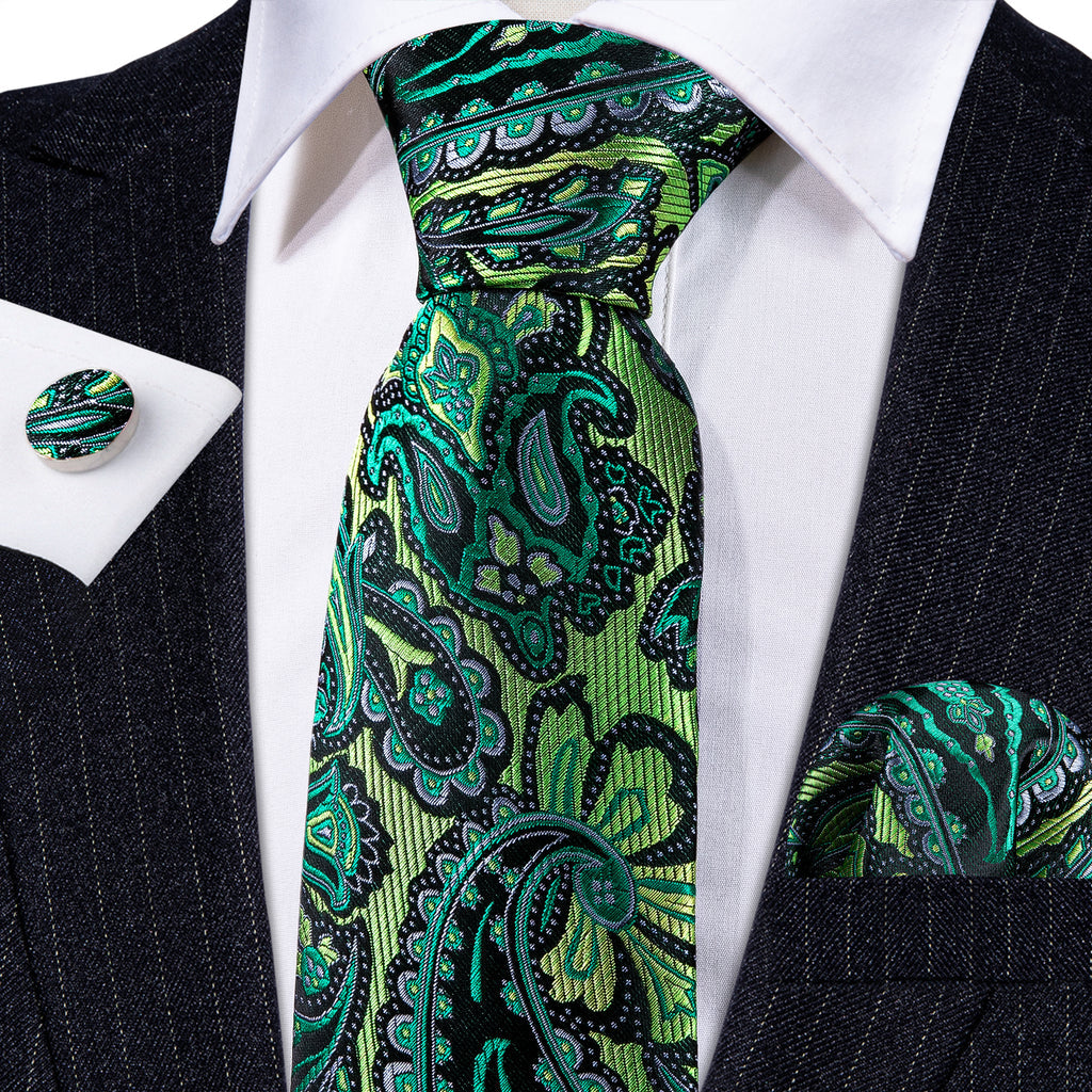 Green Paisley Silk Tie, Pocket Square and Cufflinks Set tie sets    - Sophisticated Gentlemen