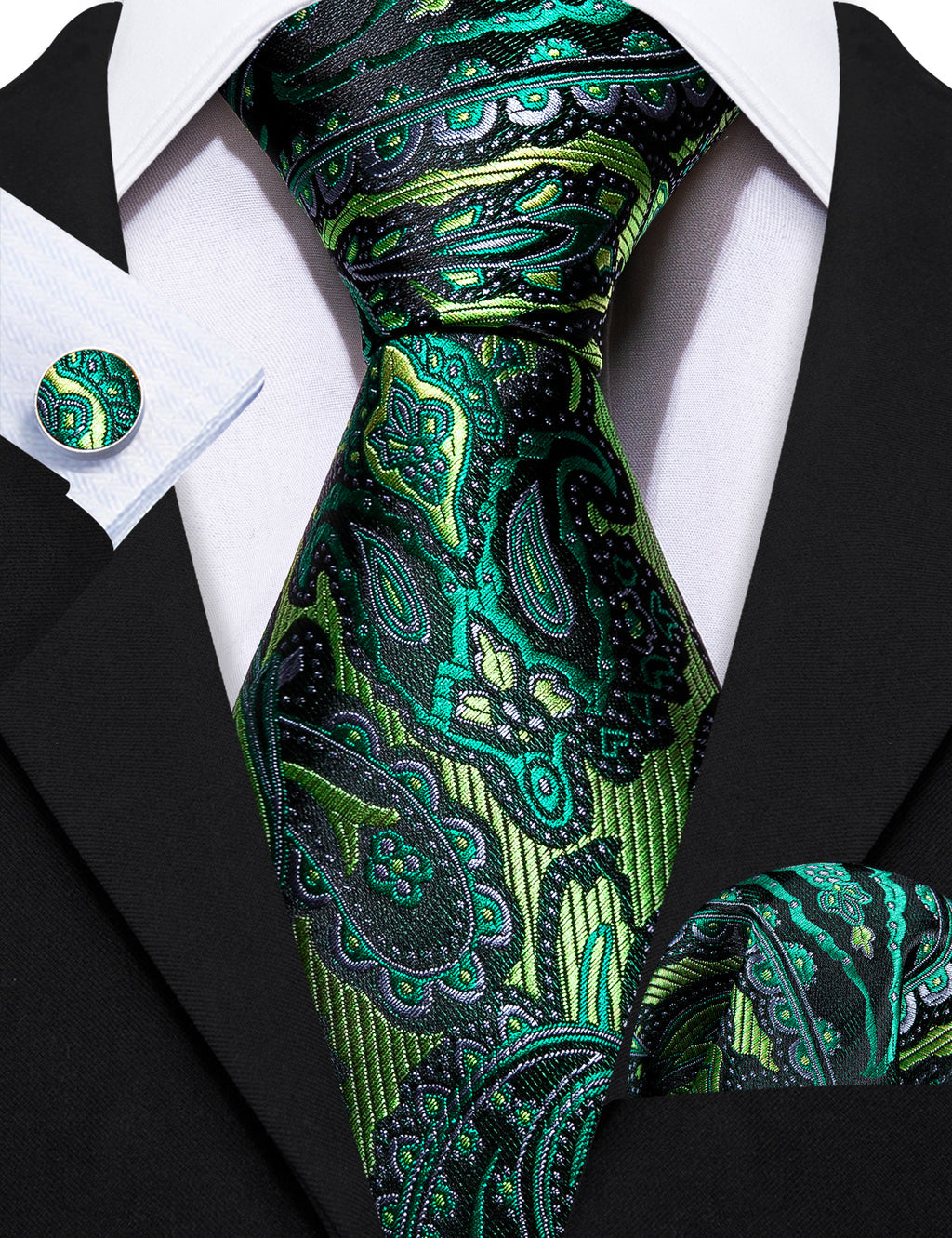 Green Paisley Silk Tie, Pocket Square and Cufflinks Set tie sets    - Sophisticated Gentlemen