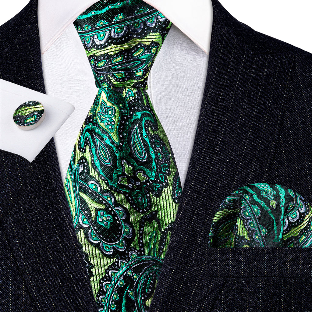 Green Paisley Silk Tie, Pocket Square and Cufflinks Set tie sets    - Sophisticated Gentlemen