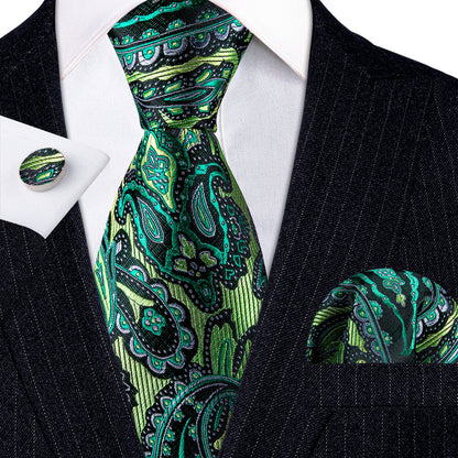 Green Paisley Silk Tie, Pocket Square and Cufflinks Set tie sets    - Sophisticated Gentlemen