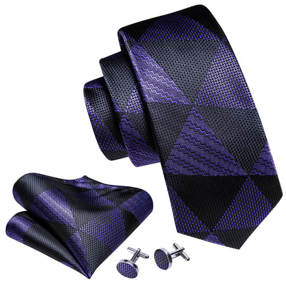 Purple and Black Geometric Tie, Pocket Square, and Cufflinks Set tie sets    - Sophisticated Gentlemen