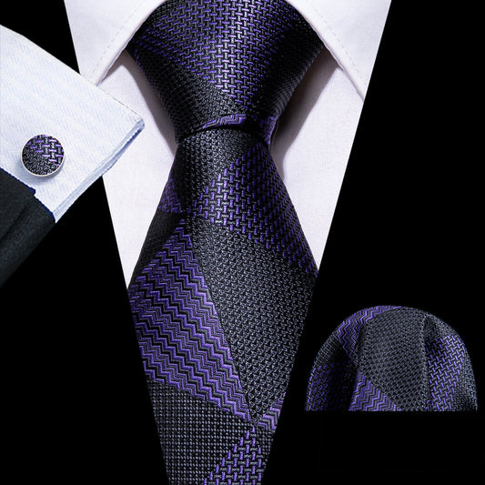 Purple and Black Geometric Tie, Pocket Square, and Cufflinks Set tie sets    - Sophisticated Gentlemen