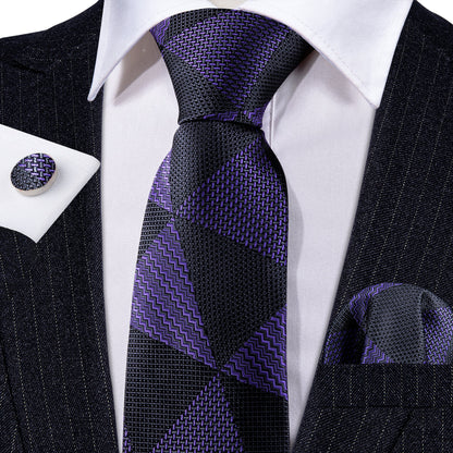 Purple and Black Geometric Tie, Pocket Square, and Cufflinks Set tie sets    - Sophisticated Gentlemen
