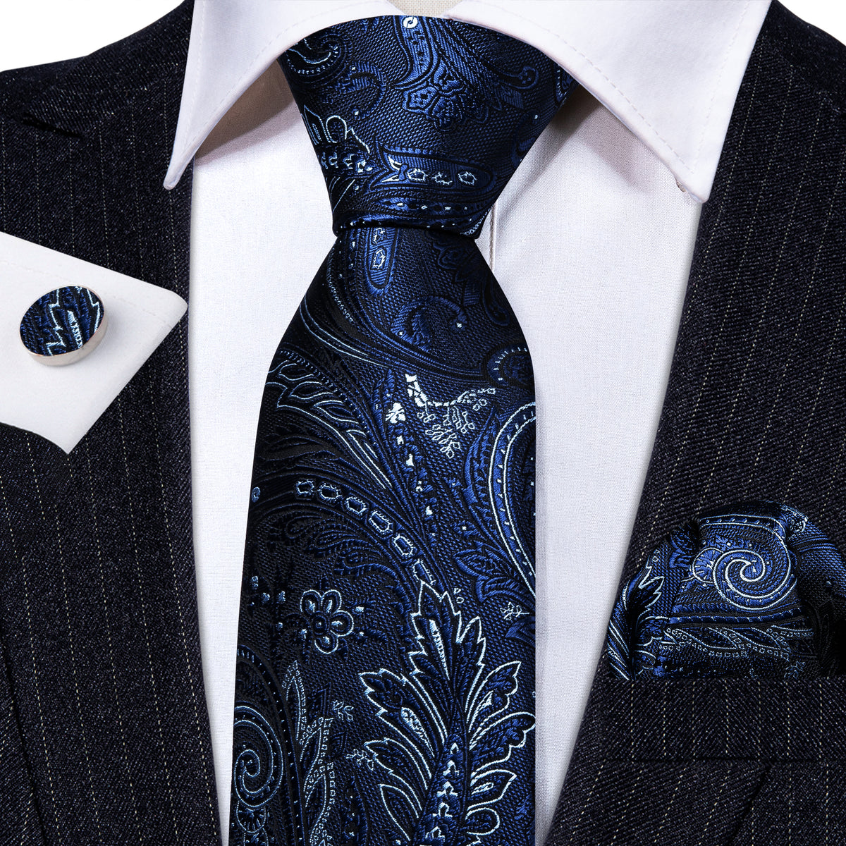 Blue Paisley Silk Tie, Pocket Square and Cufflinks Set tie sets    - Sophisticated Gentlemen