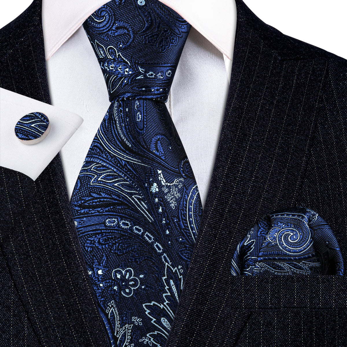 Blue Paisley Silk Tie, Pocket Square and Cufflinks Set tie sets    - Sophisticated Gentlemen
