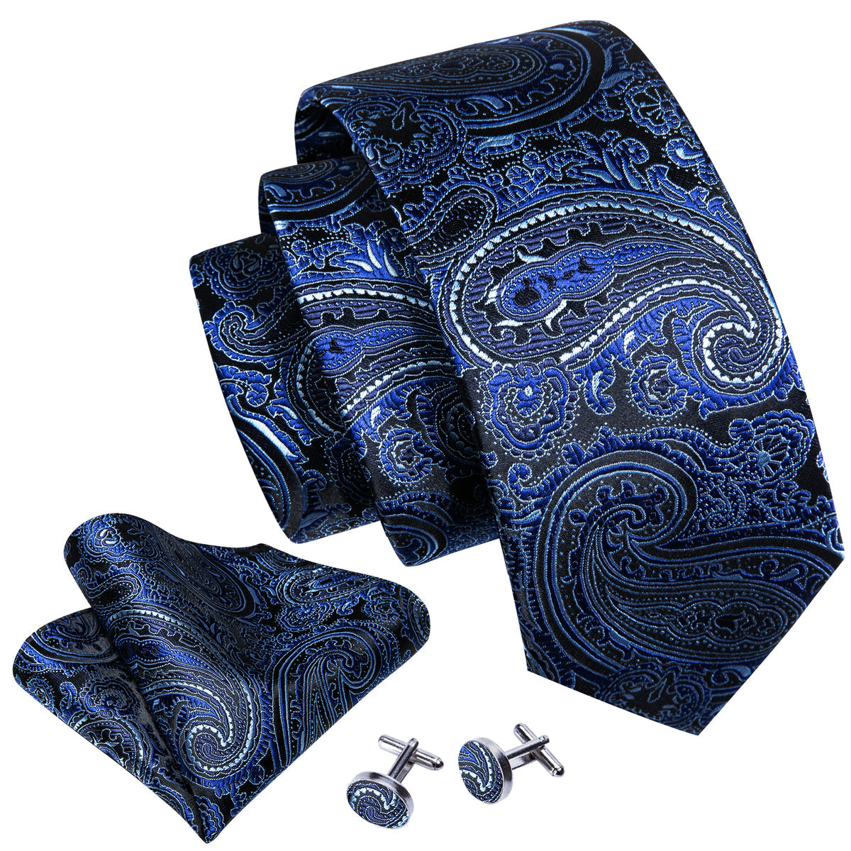 Blue Paisley Silk Tie, Pocket Square and Cufflinks Set tie sets    - Sophisticated Gentlemen