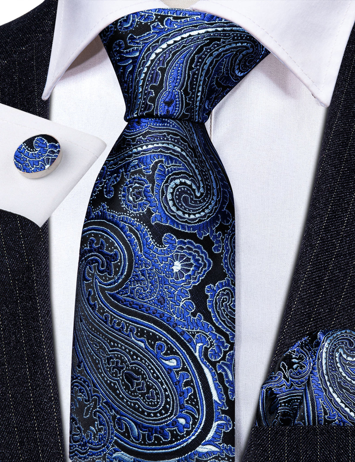 Blue Paisley Silk Tie, Pocket Square and Cufflinks Set tie sets    - Sophisticated Gentlemen