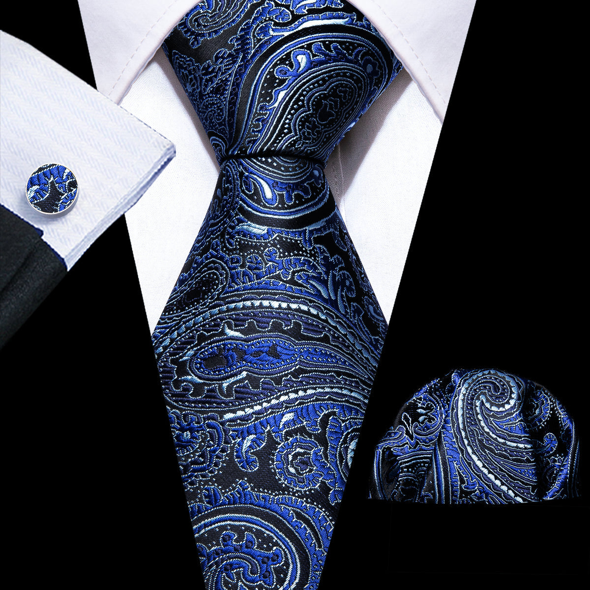 Blue Paisley Silk Tie, Pocket Square and Cufflinks Set tie sets    - Sophisticated Gentlemen