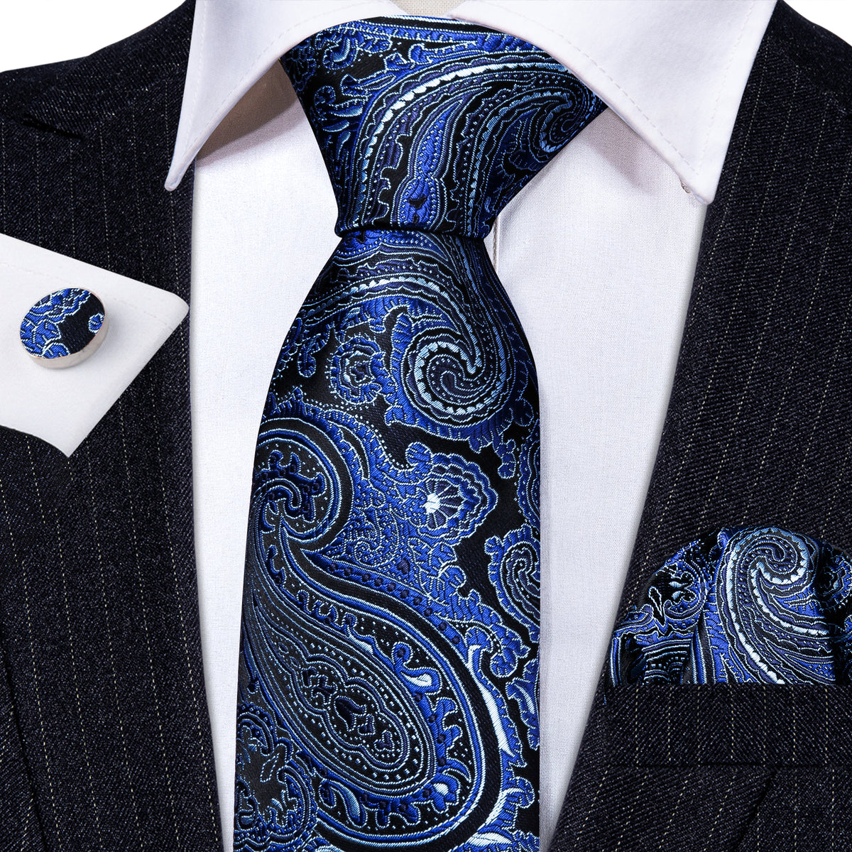 Blue Paisley Silk Tie, Pocket Square and Cufflinks Set tie sets    - Sophisticated Gentlemen