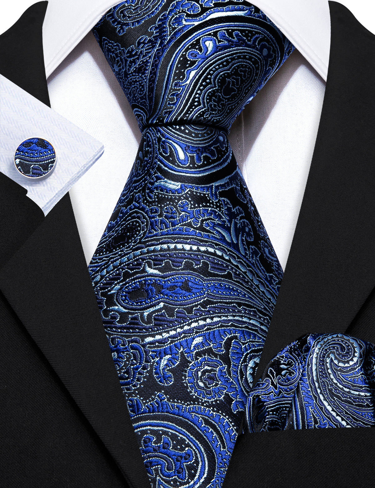 Blue Paisley Silk Tie, Pocket Square and Cufflinks Set tie sets    - Sophisticated Gentlemen