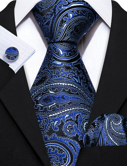 Blue Paisley Silk Tie, Pocket Square and Cufflinks Set tie sets    - Sophisticated Gentlemen