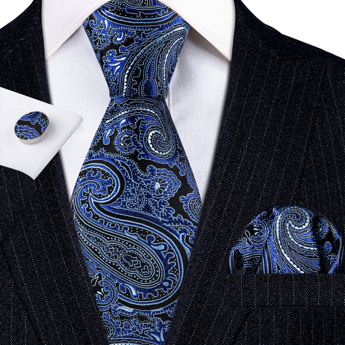 Blue Paisley Silk Tie, Pocket Square and Cufflinks Set tie sets    - Sophisticated Gentlemen