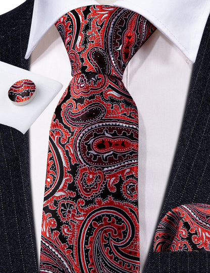 Red Black Formal Paisley Silk Tie, Pocket Square and Cufflinks Set tie sets    - Sophisticated Gentlemen