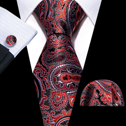 Red Black Formal Paisley Silk Tie, Pocket Square and Cufflinks Set tie sets    - Sophisticated Gentlemen