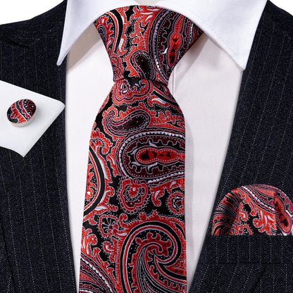 Red Black Formal Paisley Silk Tie, Pocket Square and Cufflinks Set tie sets    - Sophisticated Gentlemen