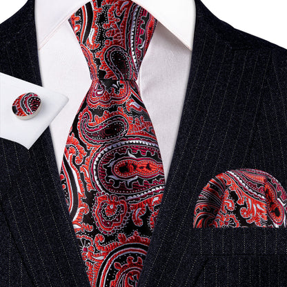 Red Black Formal Paisley Silk Tie, Pocket Square and Cufflinks Set tie sets    - Sophisticated Gentlemen
