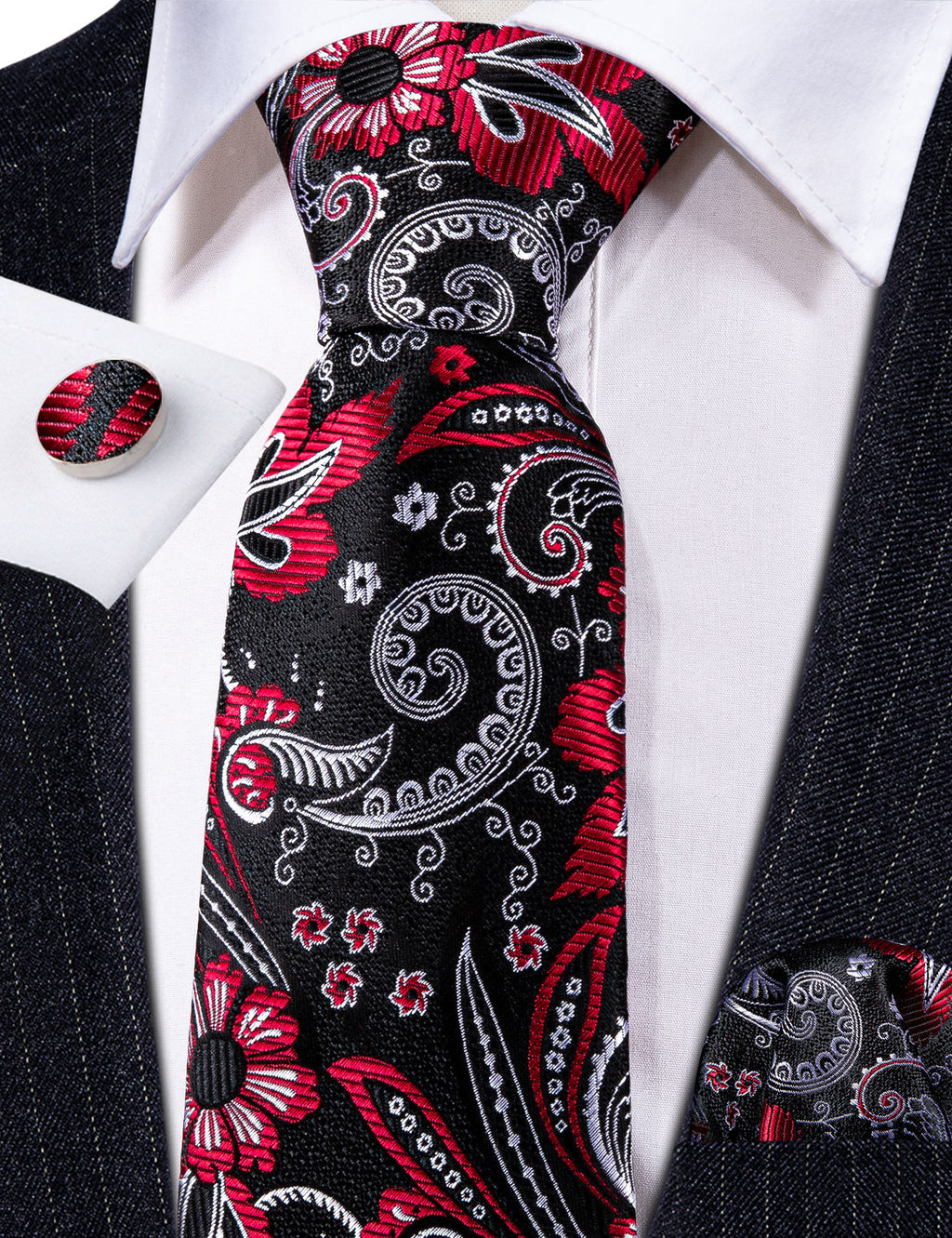 Black White Paisley Silk Tie, Pocket Square and Cufflinks Set tie sets    - Sophisticated Gentlemen
