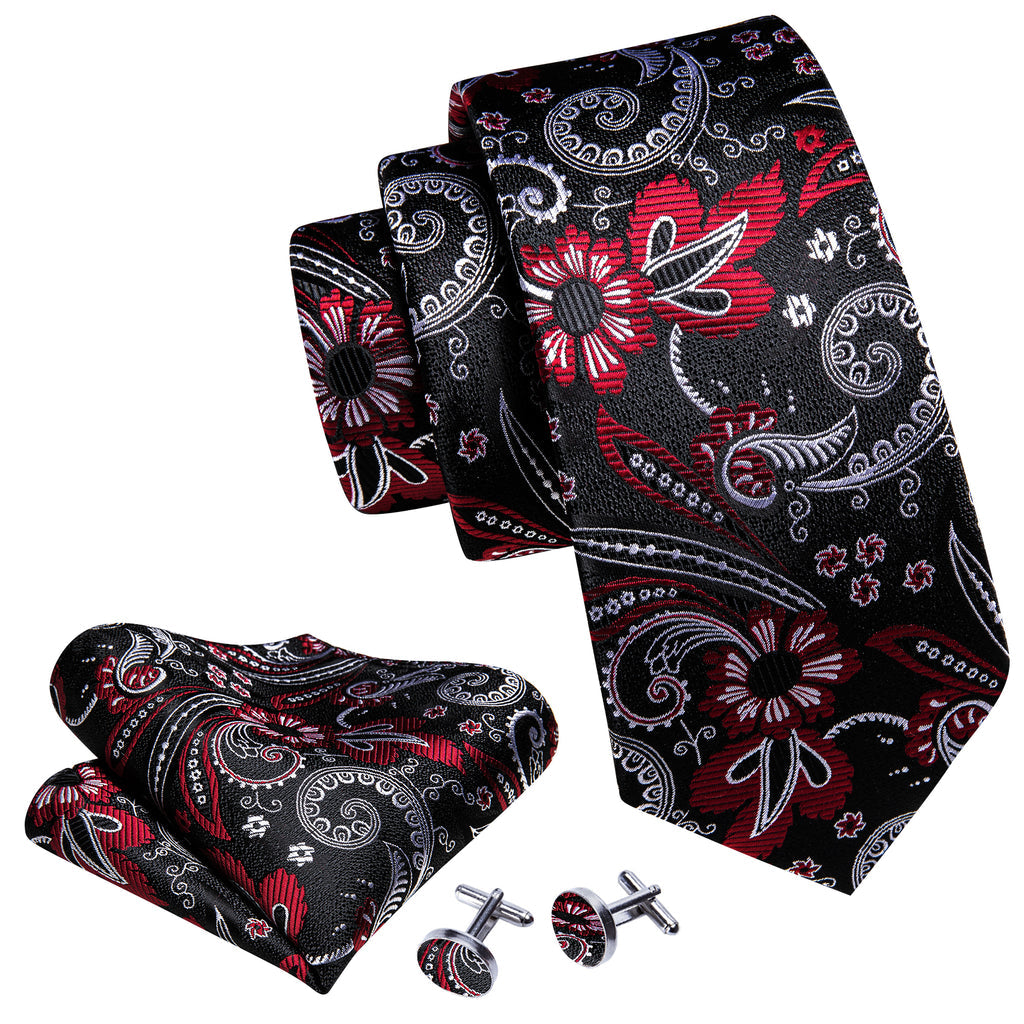 Black White Paisley Silk Tie, Pocket Square and Cufflinks Set tie sets    - Sophisticated Gentlemen