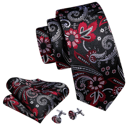 Black White Paisley Silk Tie, Pocket Square and Cufflinks Set tie sets    - Sophisticated Gentlemen
