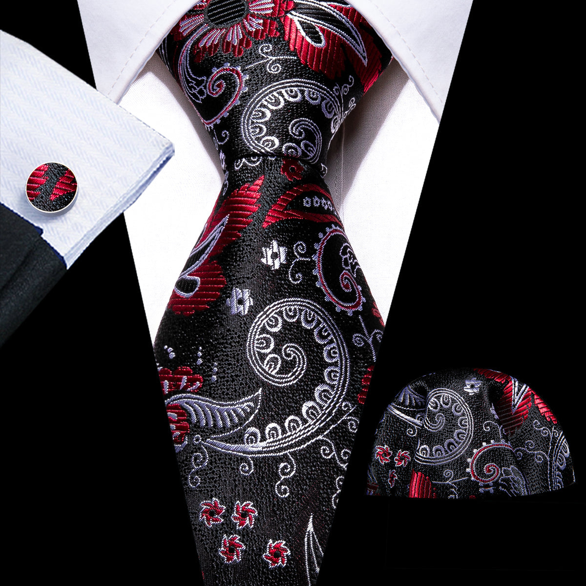 Black White Paisley Silk Tie, Pocket Square and Cufflinks Set tie sets    - Sophisticated Gentlemen