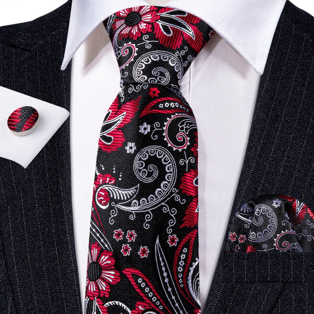 Black White Paisley Silk Tie, Pocket Square and Cufflinks Set tie sets    - Sophisticated Gentlemen