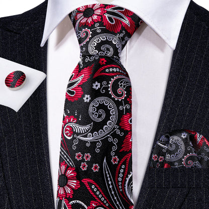 Black White Paisley Silk Tie, Pocket Square and Cufflinks Set tie sets    - Sophisticated Gentlemen