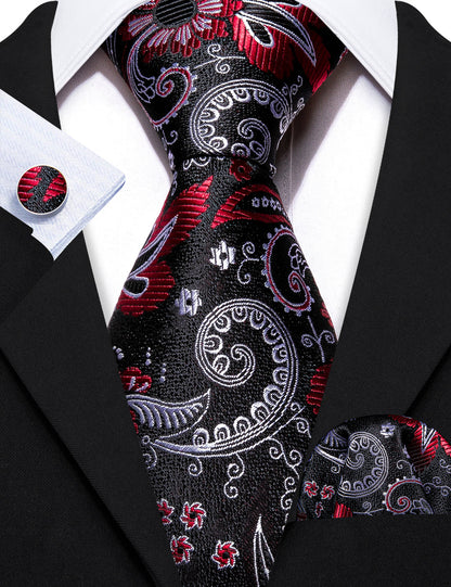 Black White Paisley Silk Tie, Pocket Square and Cufflinks Set tie sets    - Sophisticated Gentlemen