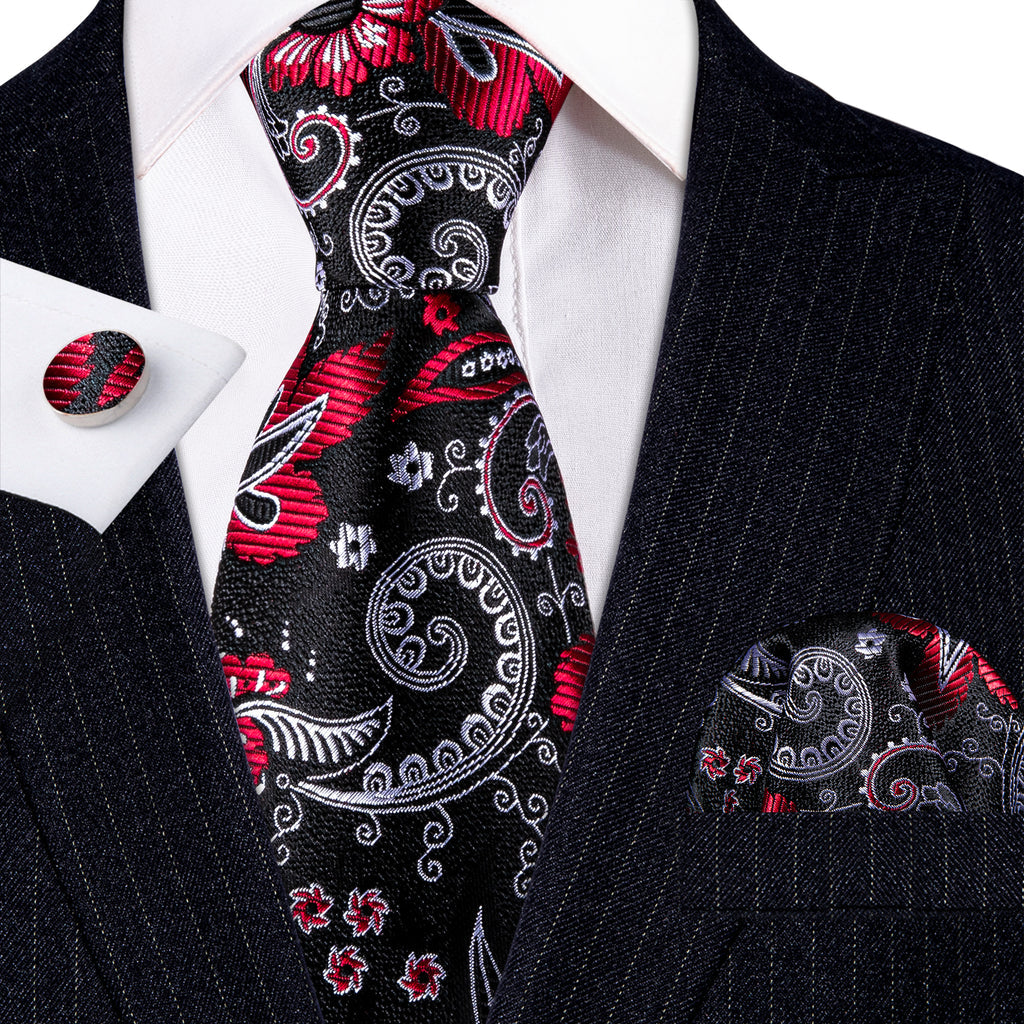 Black White Paisley Silk Tie, Pocket Square and Cufflinks Set tie sets    - Sophisticated Gentlemen