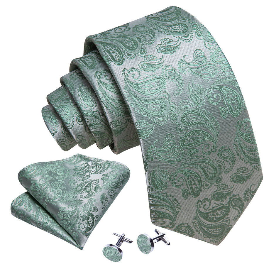Mint Green Paisley XL Tie, Pocket Square and Cufflinks tie sets    - Sophisticated Gentlemen