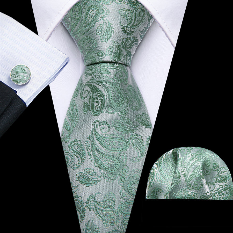 Mint Green Paisley XL Tie, Pocket Square and Cufflinks tie sets    - Sophisticated Gentlemen