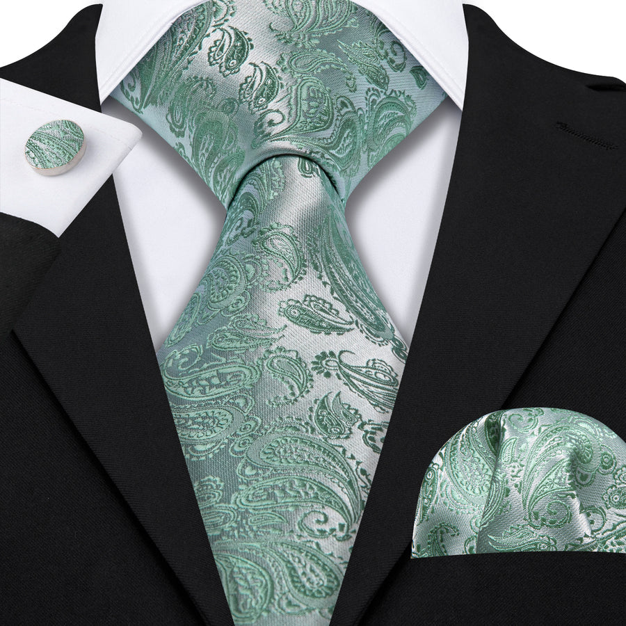 Mint Green Paisley XL Tie, Pocket Square and Cufflinks tie sets    - Sophisticated Gentlemen