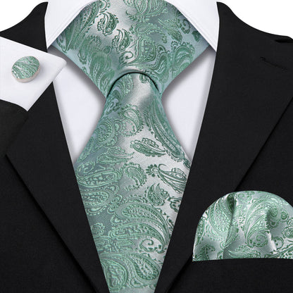 Mint Green Paisley XL Tie, Pocket Square and Cufflinks tie sets    - Sophisticated Gentlemen