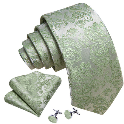 Avocado Green Paisley XL Tie, Pocket Square and Cufflinks tie sets    - Sophisticated Gentlemen